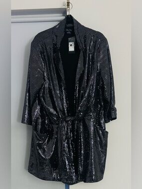 City Chic Black Sequin Open-Front Robe with Tie